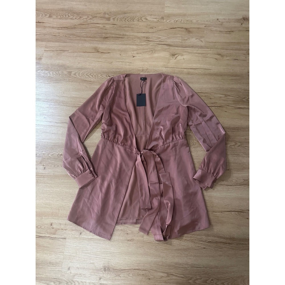 NBD x Revolve Satin Tie Front Mini Dress Women's Medium Mauve Long Sleeve NWT